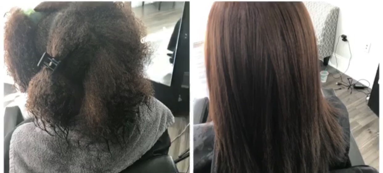Before and after: curly natural hair on the left, smooth straight result on the right